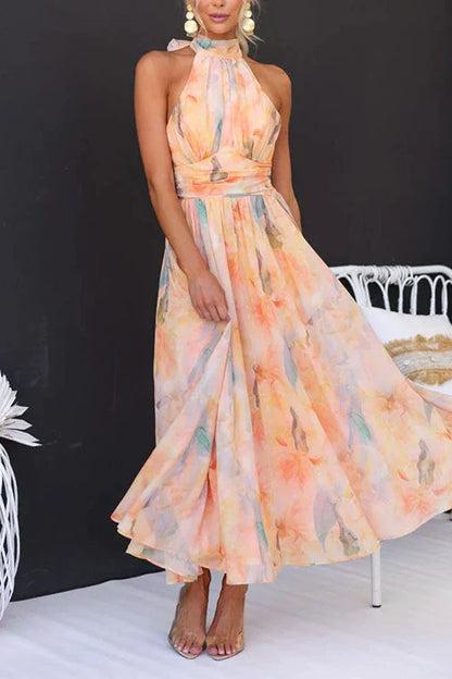CM | Vestido largo de mujer - cuello halterneck - cintura fruncida - línea A fluida - mezcla transpirable