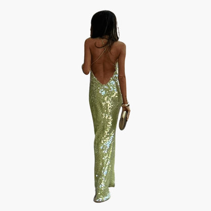 CM | maxi vestido de mujer con lentejuelas y escote barco sin mangas