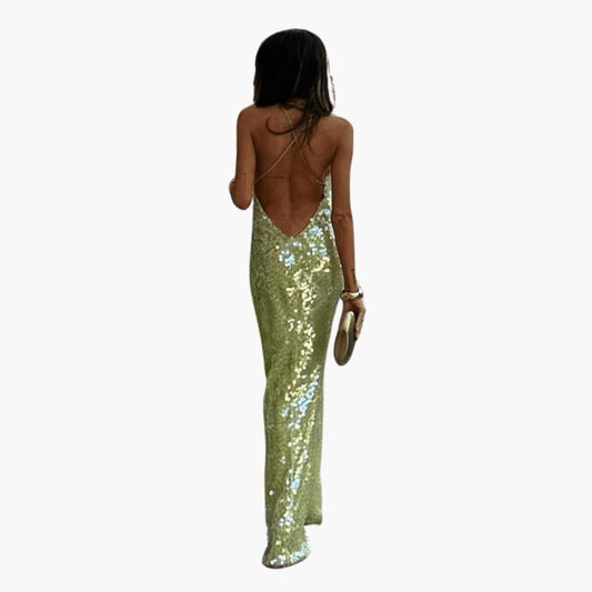 CM | maxi vestido de mujer con lentejuelas y escote barco sin mangas