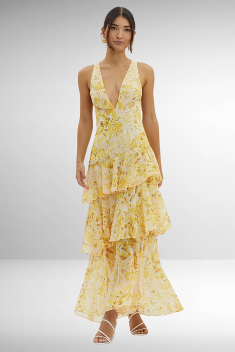 CM | Maxivestido de mujer - Top entallado - Falda con vuelo - Escote en pico - Tejido de lujo