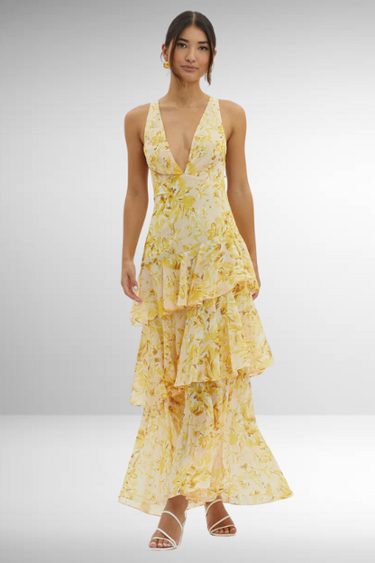 CM | Maxivestido de mujer - Top entallado - Falda con vuelo - Escote en pico - Tejido de lujo
