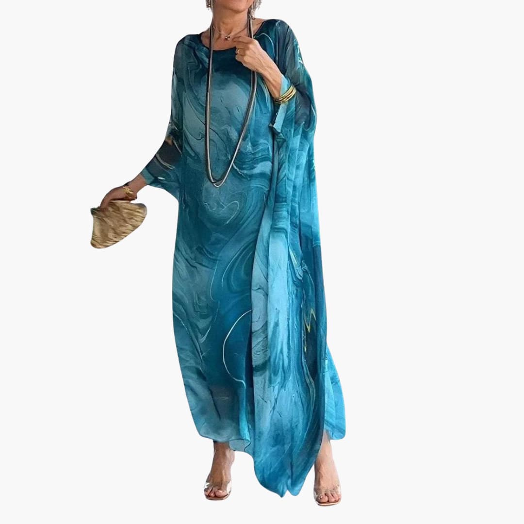 CM | Maxi vestido de mujer en gasa de seda con mangas murciélago y superposiciones