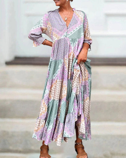CM | Vestido maxi colorido con estampado colorblock y mangas 3/4