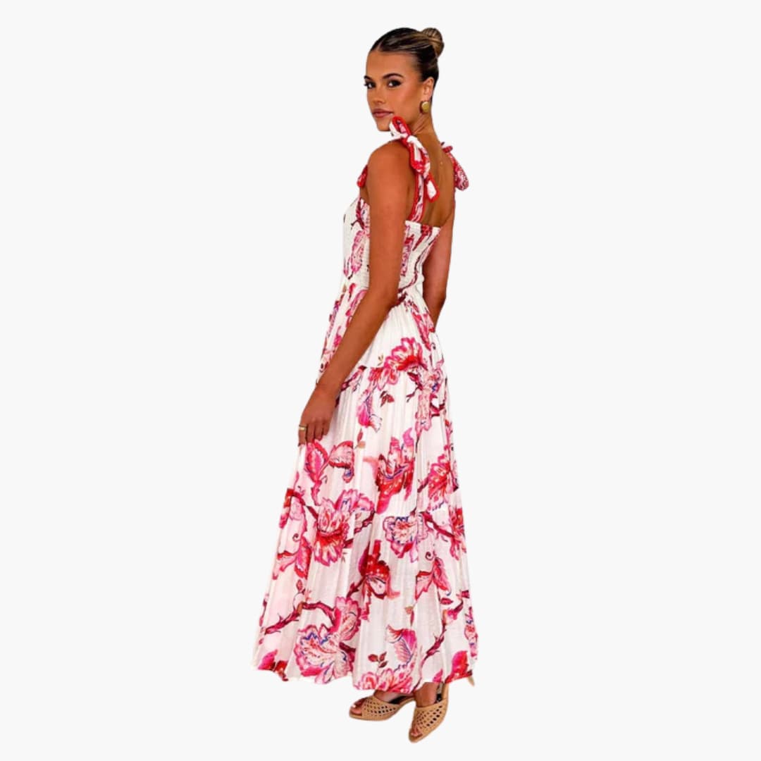 CM | maxi vestido de mujer de gasa con corpiño fruncido y falda con vuelo