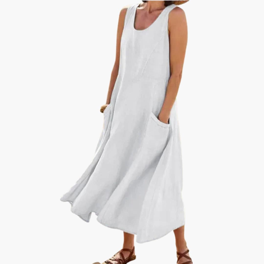 CM | Vestido midi sin mangas de lino para mujer con escote redondo y bolsillos