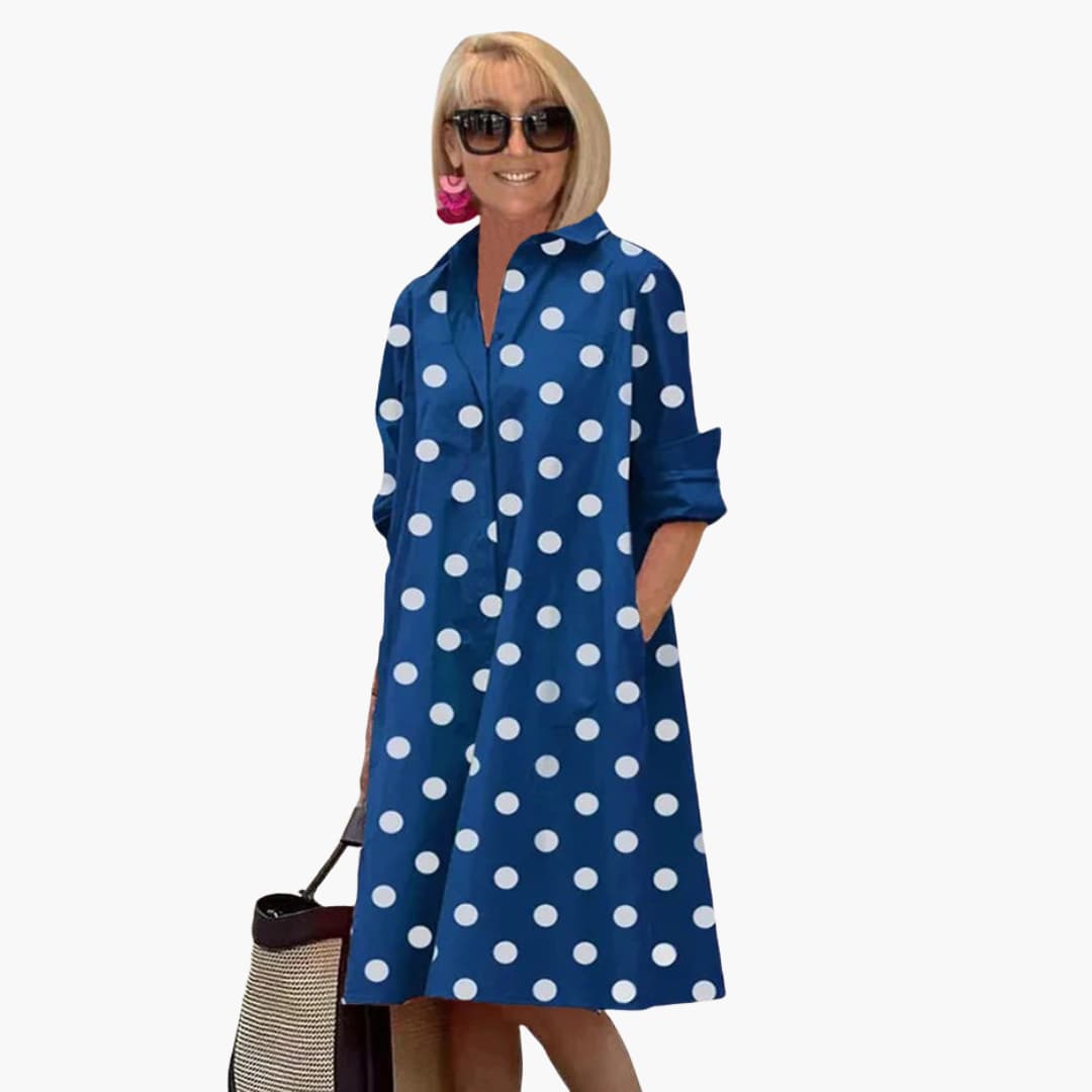 CM | Vestido midi de mujer con manga larga y estampado de lunares