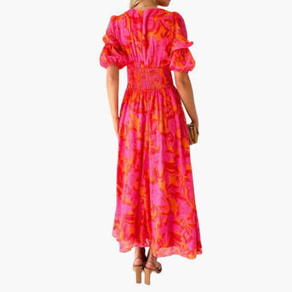 CM | Vestido largo tobillero de mujer con escote en V y mangas abullonadas