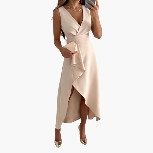 CM | Vestido midi de mujer sin mangas con escote en V y bajo alto