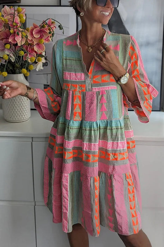 CM | Vestido corto de estilo bohemio con mangas largas y anchas