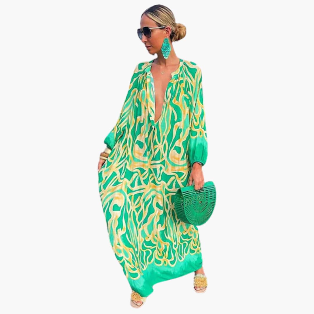 CM | Maxi vestido de mujer con manga larga y llamativo estampado