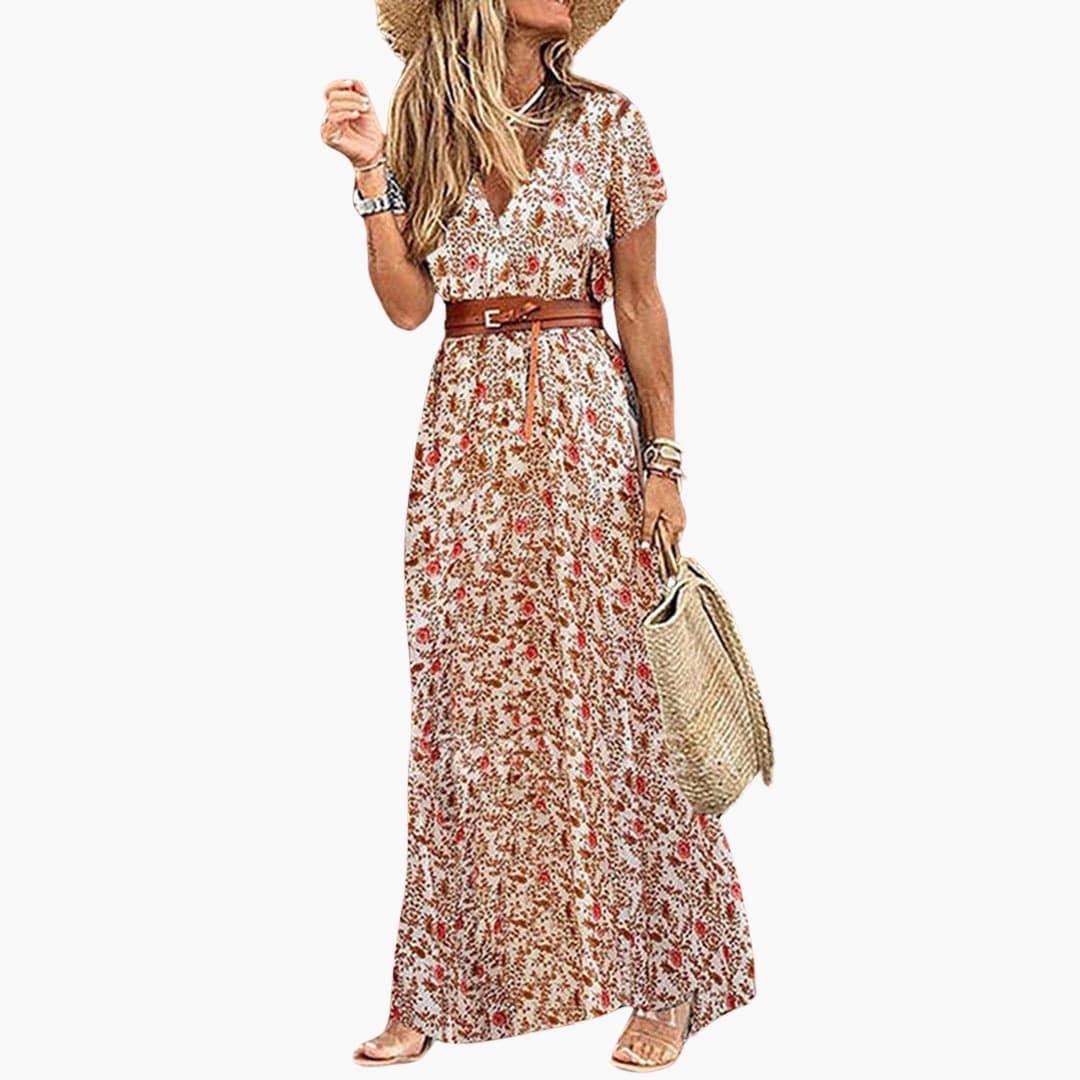 CM | maxi vestido de mujer con escote en V, manga corta y abertura lateral
