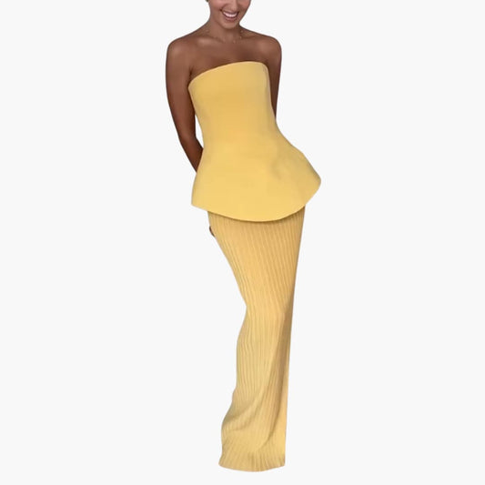 CM | maxi vestido sin tirantes para mujer con falda plisada y corpiño peplum