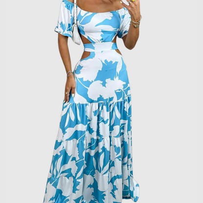 CM | Elegante vestido midi con grano y escote irregulares
