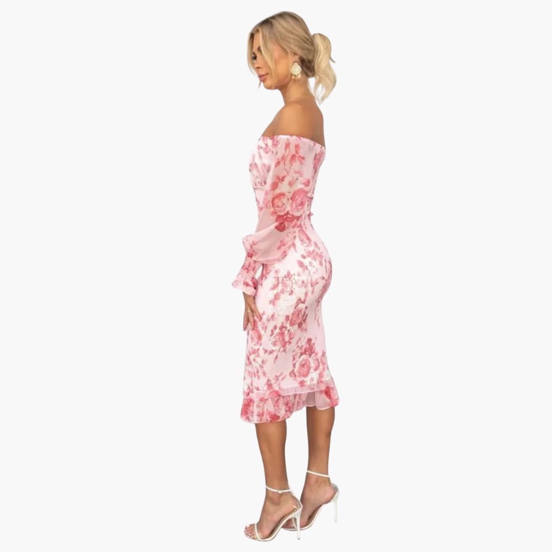 CM | Vestido midi veraniego para mujer con estampado floral y mangas transparentes