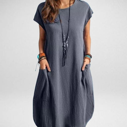CM | Vestido largo de mujer - Corte relajado - Mezcla transpirable - Manga corta - Con bolsillos