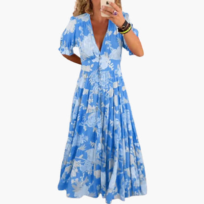 CM | Maxi vestido de mujer con mangas cortas y falda plisada