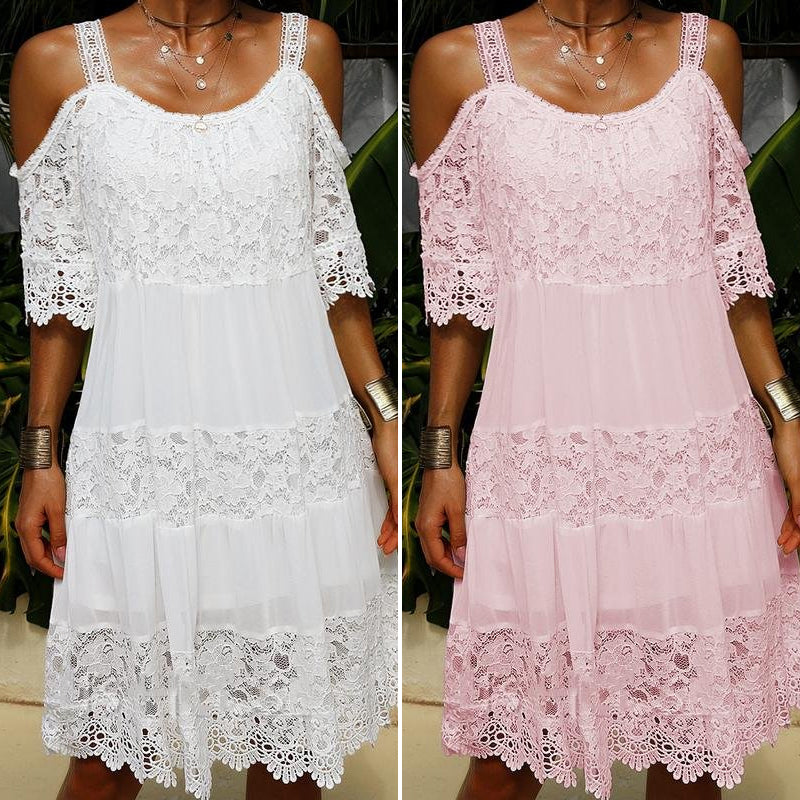 CM | Vestido monocolor de encaje elegante de manga corta y largo medio
