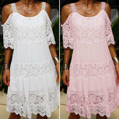 CM | Vestido monocolor de encaje elegante de manga corta y largo medio