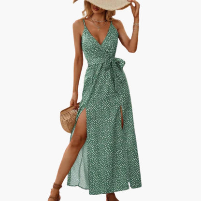 CM | Vestido largo de playa para mujer con estampado floral y lazada en la cintura