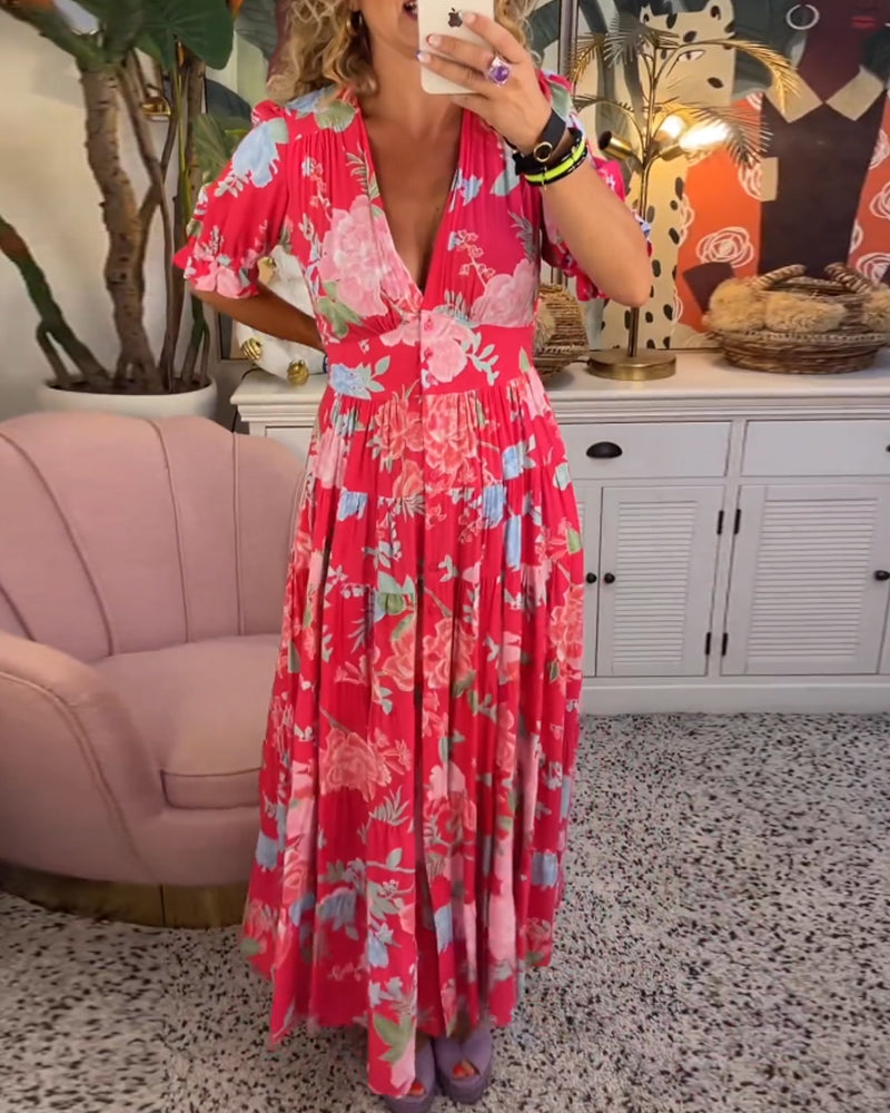 CM | maxi vestido floral de manga corta y cuello en V