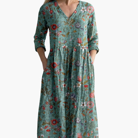 CM | Vestido largo floral de mujer con escote en V y bolsillos laterales