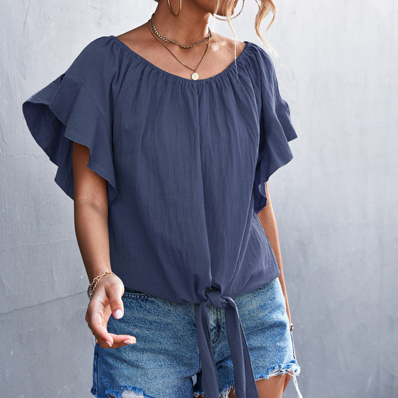 CM | Escote asimétrico Blusa de manga corta con nudo fijo delante