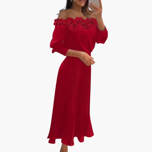 CM | maxi vestido de mujer con escote off-the-shoulder y falda plisada