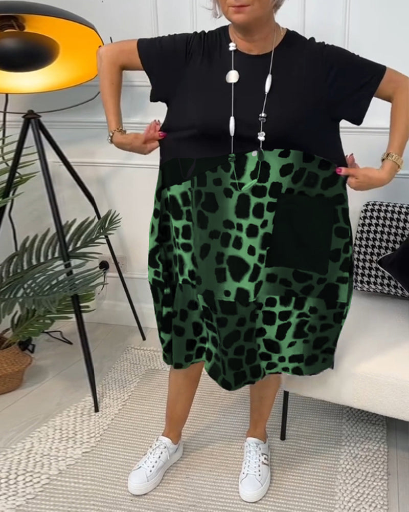CM | Elegante vestido midi de manga corta con estampado de leopardo