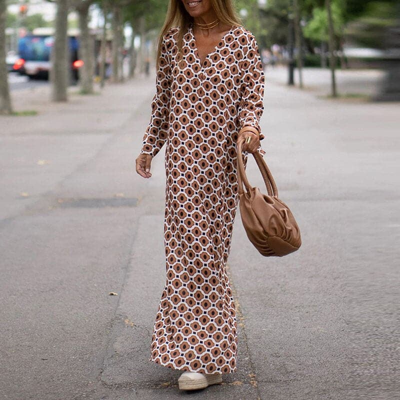 CM | Maxivestido de mujer - Corte holgado - Cuello en pico - Mangas largas - Aberturas laterales - Estampado atrevido