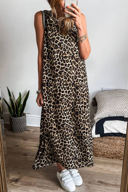 CM | Vestido midi sin mangas con estampado de leopardo a rayas en contraste negro