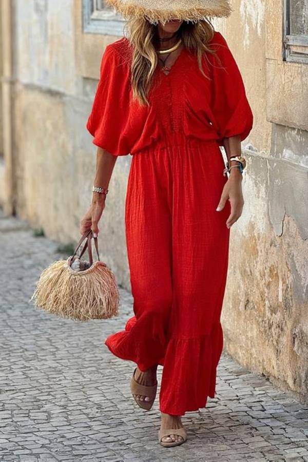 CM | Vestido maxi suelto y fruncido con escote en V