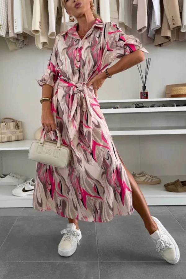 CM | Elegant Ease Vestido Midi de Raso Estampado con Cintura
