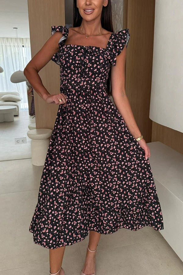 CM | Estampado floral Escote cuadrado Espalda plisada Vestido midi