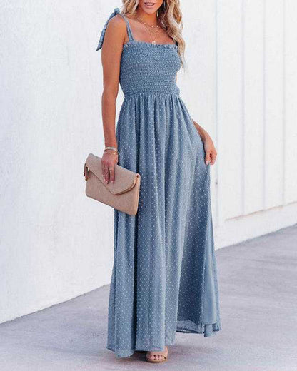 CM | Boho Espagueti Correa Cuello Cuadrado Lunares Bengala Playa Maxi Vestido