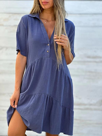 CM | Vestido femenino informal, monocolor, de manga corta, de algodón y lino
