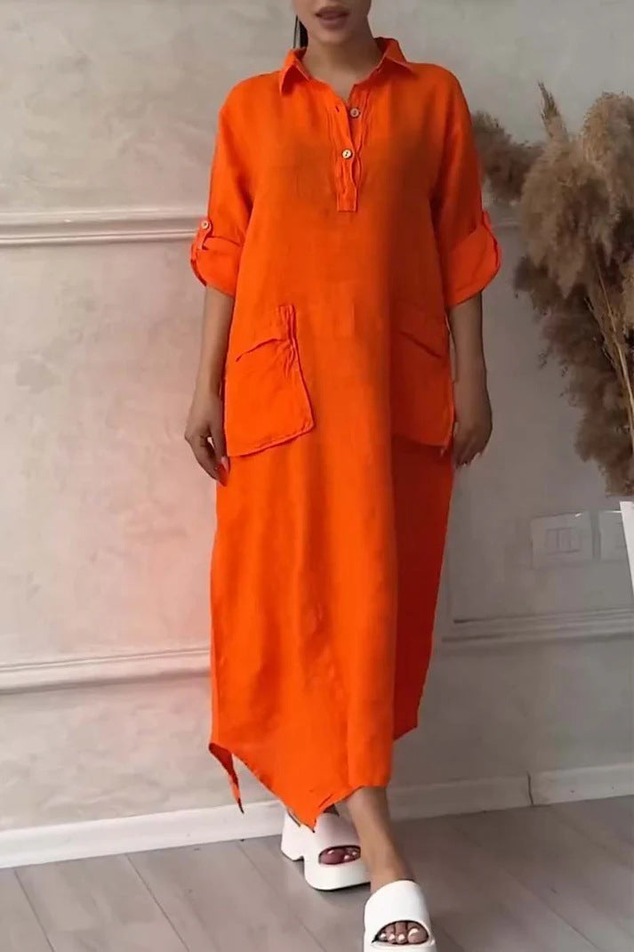 CM | Maxi vestido para mujer en lino y algodón con solapa