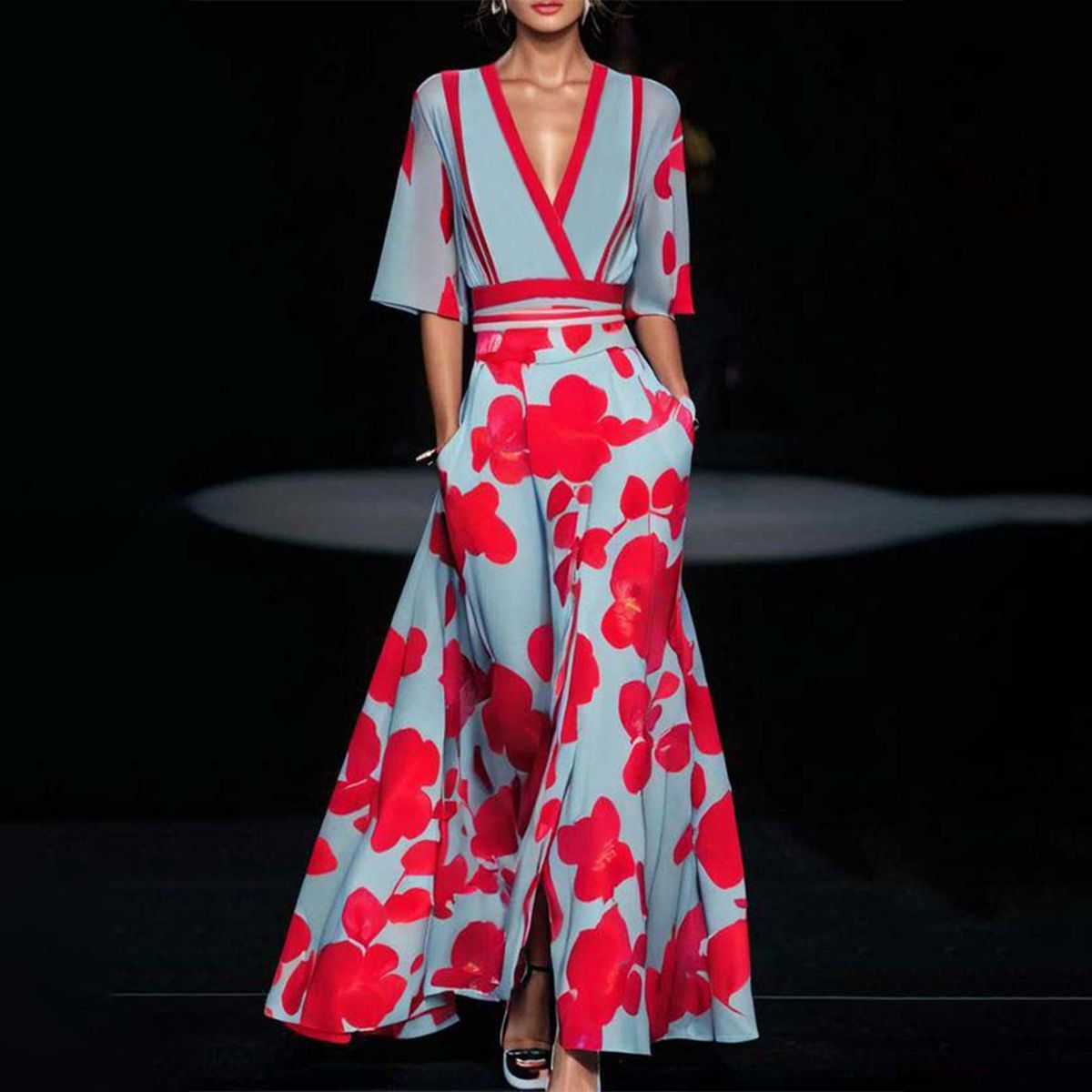 CM | Maxi Vestido con Cuello en V y Mangas al Codo con Estampado Floral para Mujer