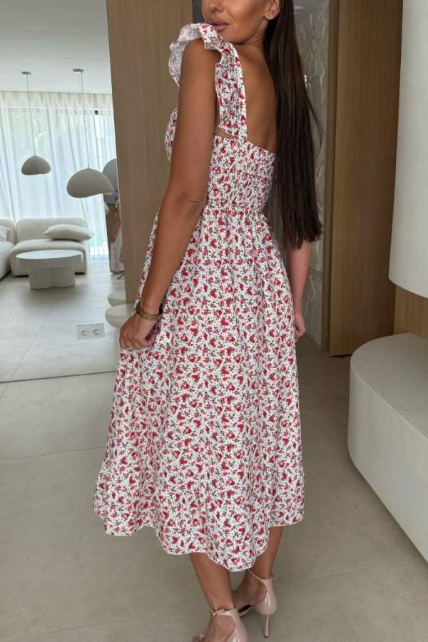 CM | Estampado floral Escote cuadrado Espalda plisada Vestido midi