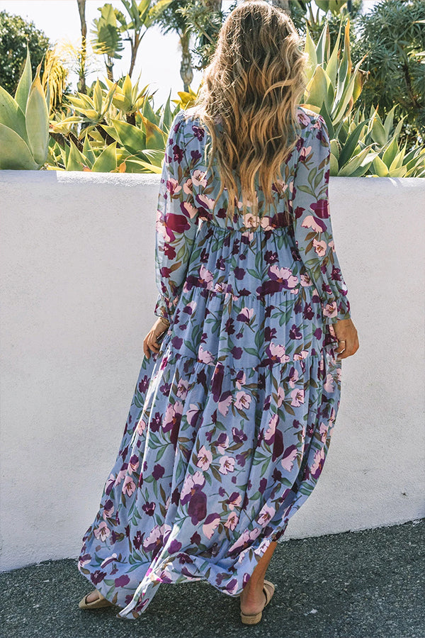 CM | Maxi vestido azul claro con estampado floral y ribete de volantes