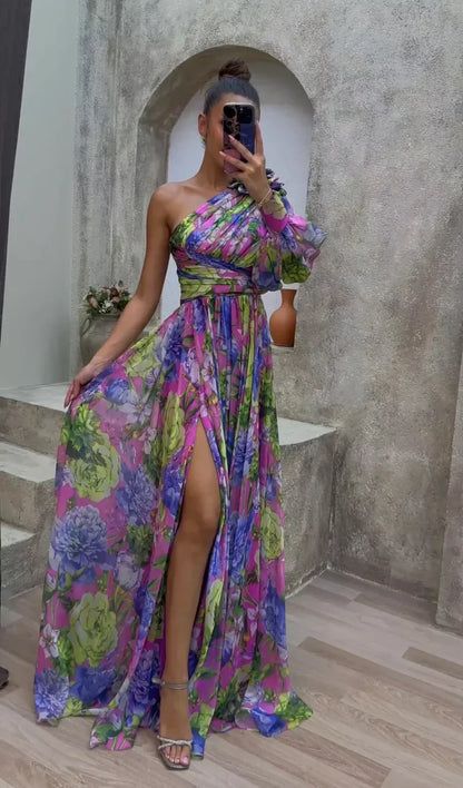 CM | Maxi Vestido de Mujer - Un Hombro - Estampado Floral - Alta Abertura - Tejido Lujoso