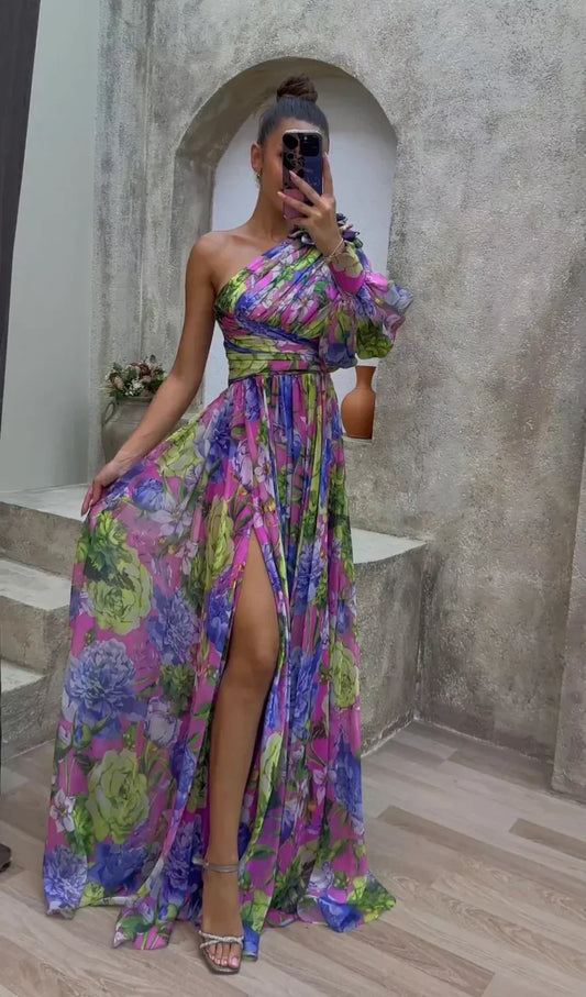 CM | Maxi Vestido de Mujer - Un Hombro - Estampado Floral - Alta Abertura - Tejido Lujoso