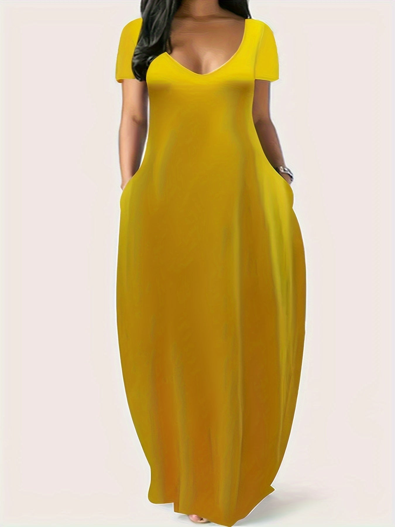 CM | Maxivestido de mujer - Corte vaporoso - Cuello en pico - Mangas cortas - Ligero con bolsillos