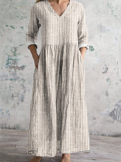CM | Maxivestido de mujer - Fibras naturales - Corte relajado - Cuello en pico - Mangas largas - A rayas