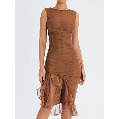 CM | Elegante vestido midi sin espalda con volantes