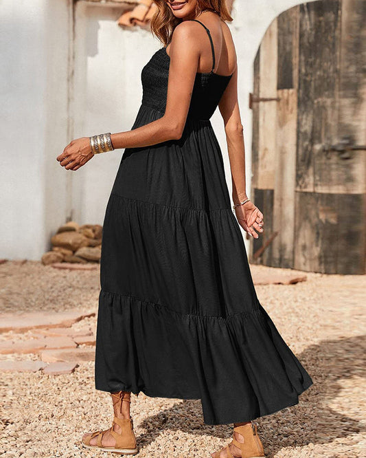 CM | Bohemio Vestido Largo Espagueti Correa Sólido Swing Playa Maxi Vestido Sin Mangas