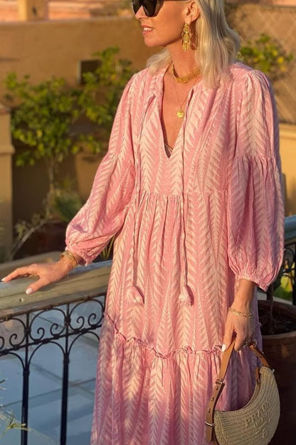 CM | Marrakech Stories Vestido midi estampado en mezcla de lino con mangas globo y bolsillos en forma de A