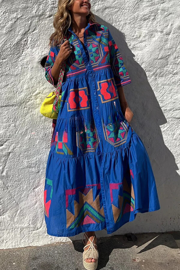 CM | Take Me To Cabo Ethnic Unique Print Botón Camisa Suelta Vestido Midi