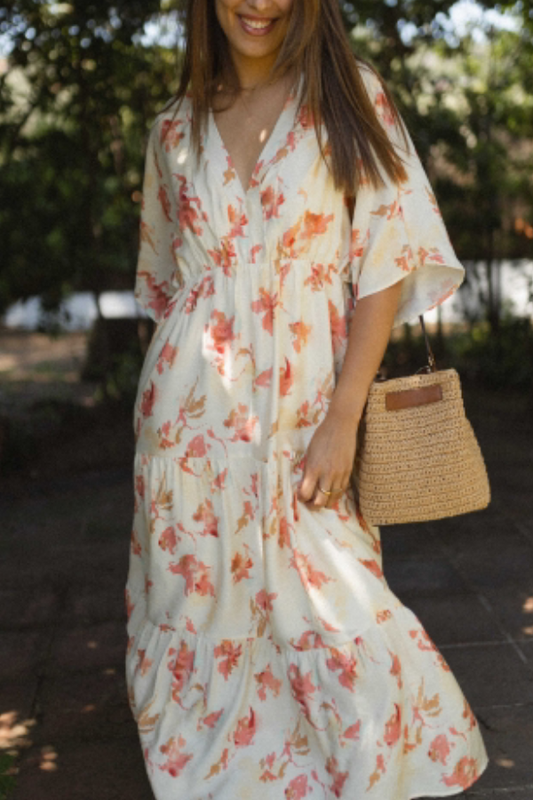 CM | Fashion Vestido largo estampado suelto con cuello en V