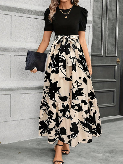 CM | Maxi Vestido de Mujer - Mangas cortas abullonadas - Lazo en la cintura - Corte en A - Estampado floral