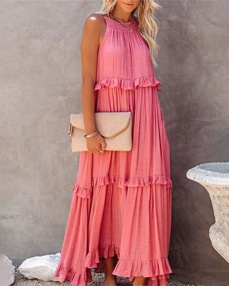 CM | Boho Largo Color Sólido Sin Mangas Halter Ruffle Maxi Vestidos